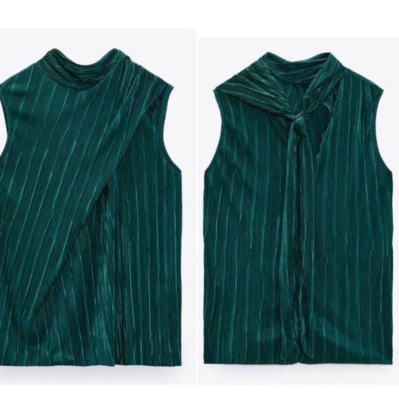 ZARA pleated sleeveless high collar blouse green Sz L NWT - Picture 3 of 9